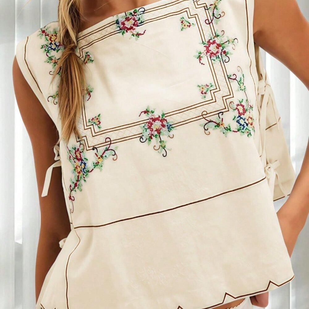Yellow Boho Women's Floral Embroidered Sleeveless Tank Top Square Neck Tie-Up